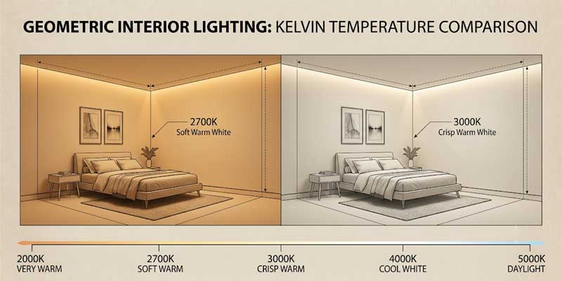 Split screen comparison diagram showing 2700k vs 3000k color temperature differences on bedroom and living room table lamps