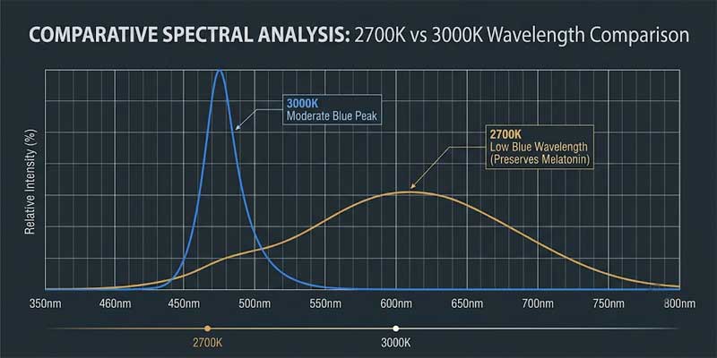 Technical chart comparing blue light emission curves of 2700k and 3000k bulbs and their impact on melatonin levels