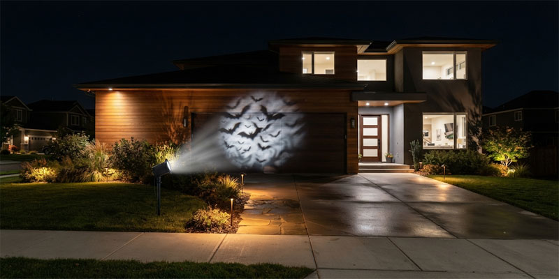 Commercial-grade Halloween projector lights casting dynamic flying bats and eerie violet mist across a residential garage facade
