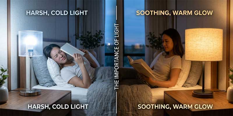 bedroom table lamps comparison between harsh glare and soothing 2700K warm glow by TAKETI