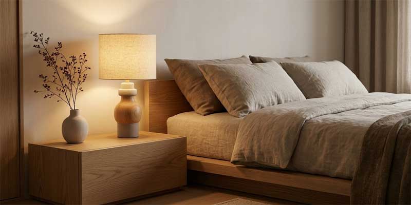 bedroom table lamps in Japandi wabi-sabi style with ceramic and wood base by TAKETI