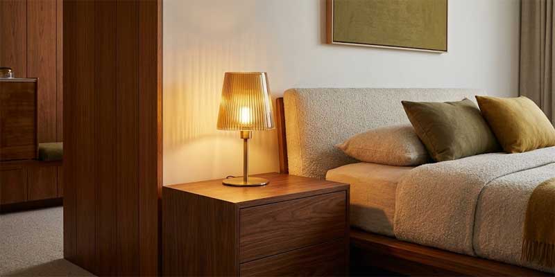 bedroom table lamps in mid-century modern style with brass and amber fluted glass by TAKETI