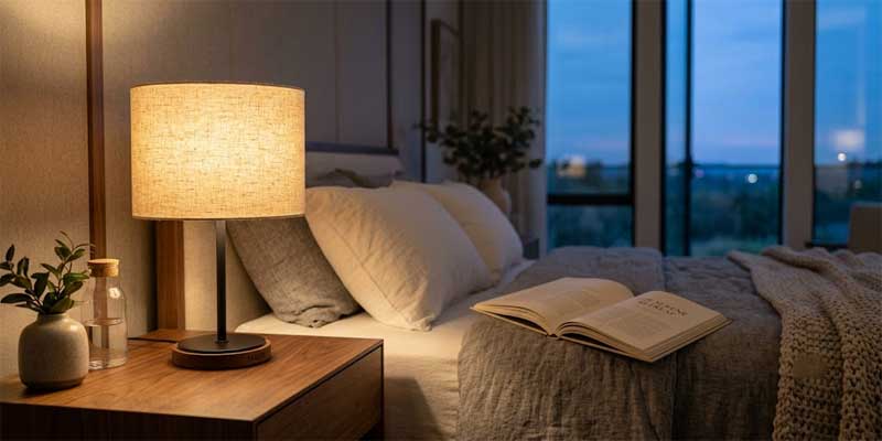 bedroom table lamps with eye-caring warm 2700K lighting on nightstand by TAKETI