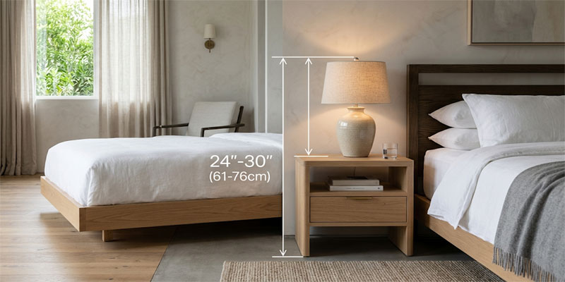 Diagram showing proper bedside lamp height between 24 and 30 inches on a modern nightstand