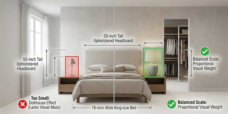 Side-by-side comparison diagram showing correct substantial lamp versus tiny undersized lamp next to a King bed