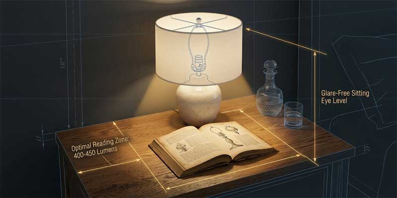 Architectural cutaway diagram of a bedside table lamp casting 2700k light with technical measurement lines