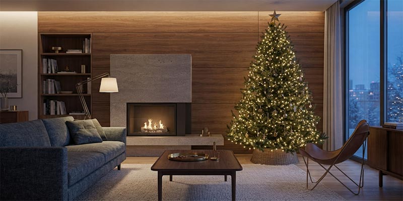 Christmas lights glowing warmly on a modern American living room Christmas tree and mantelpiece