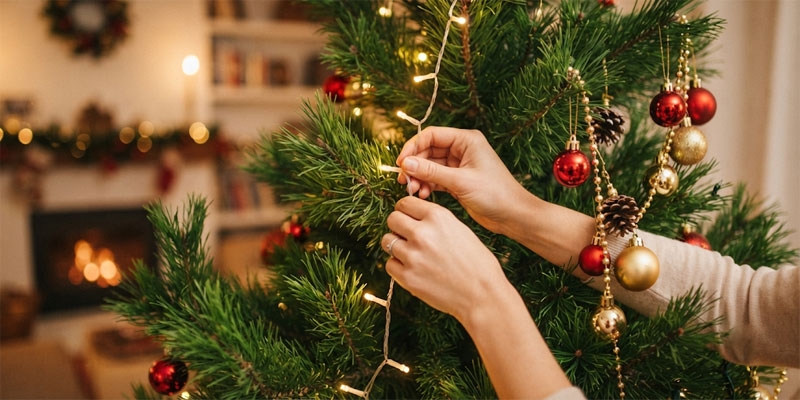 Professional installation of christmas string lights using vertical weaving technique on holiday tree