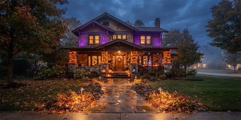 Commercial-grade Halloween lights illuminating a Craftsman suburban home facade with deep violet and amber hues