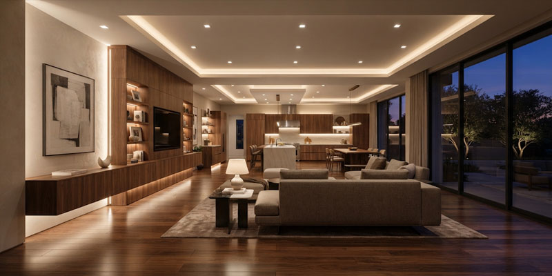 High-performance LED lights illuminating a modern American living space with warm ambient and task lighting