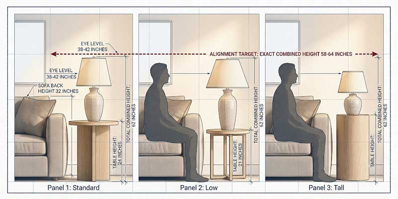 Elevation comparison diagram of low standard and tall end tables combined with table lamps to equal 58 to 64 inches