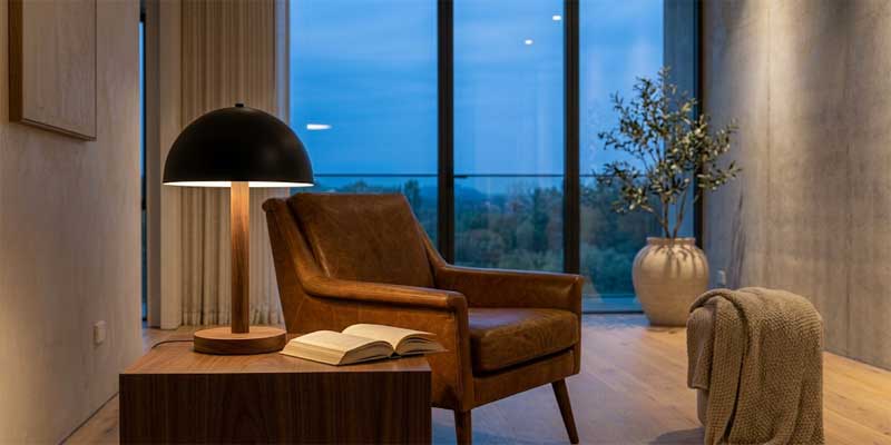 End table lamps for living room with the bottom shade rim aligned precisely at seated eye level to eliminate bulb glare.