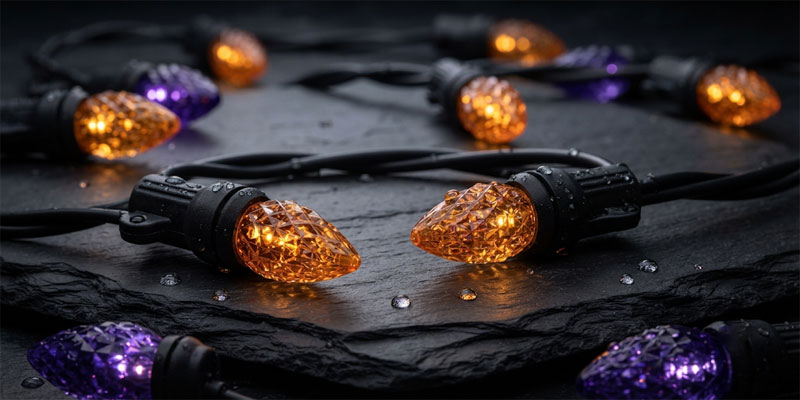 Commercial-grade LED Halloween lights showing durable faceted polycarbonate lenses and heavy-duty insulated copper wiring