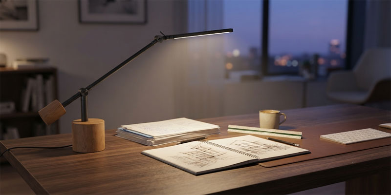Modern ergonomic LED desk lamp made of matte black aluminum casting asymmetric glare-free task light across an oak workspace