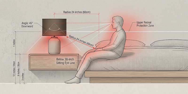 Side profile technical diagram showing low angle placement of red light for sleep avoiding direct retinal exposure from a low bedside table lamp