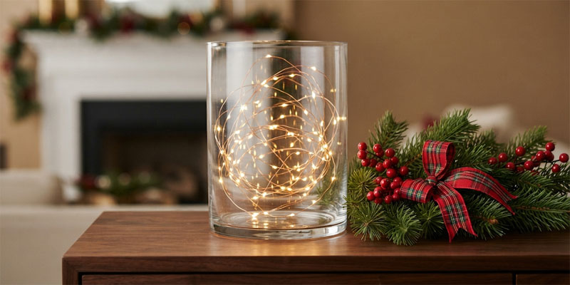 Delicate fairy lights woven inside glass hurricane vases with red berries on a console table