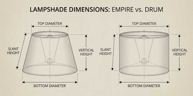 Technical measurement diagram showing top diameter bottom diameter slant height and vertical height of a lampshade