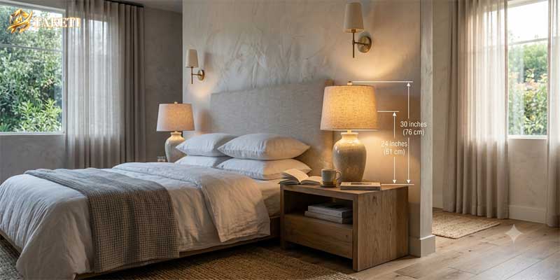 Modern bedside table lamp with warm glow properly proportioned on wooden nightstand next to bed