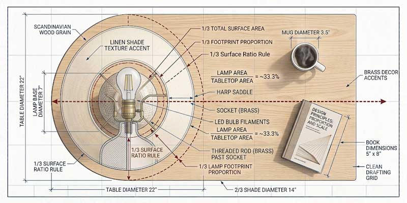 Technical cross-section diagram showing proper lamp harp sizing with shade rim covering the electrical socket