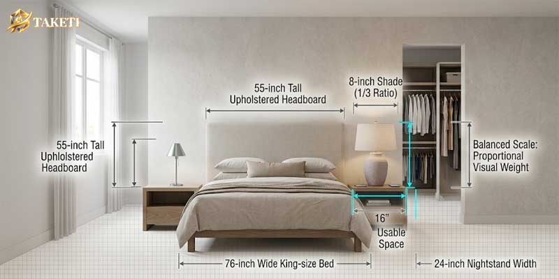 Technical dimension diagram showing ideal lamp size for nightstand with 1 to 3 width scale and clearance margins