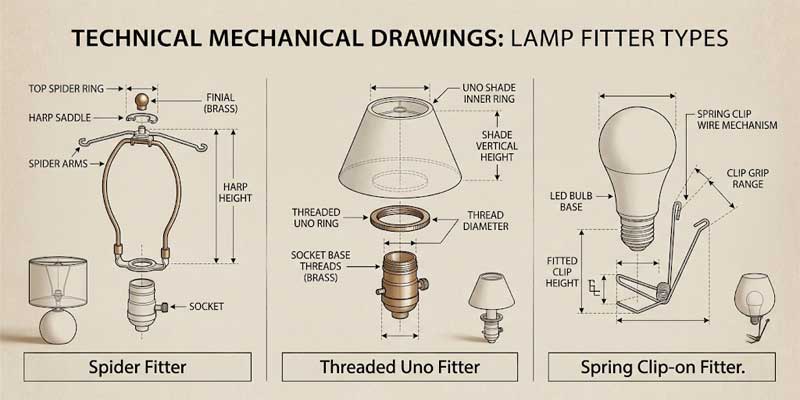 Technical drawing showing the mechanics of spider fitter with harp, uno socket ring, and bulb clip-on fitter