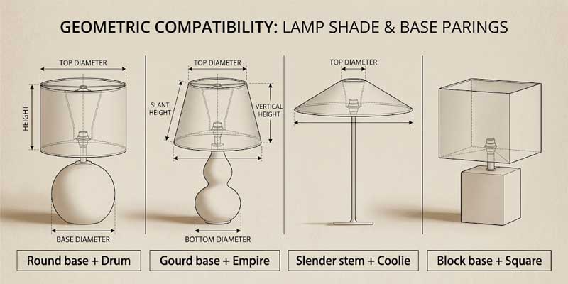 Visual guide comparing drum empire coolie and square lampshades paired with matching lamp bases