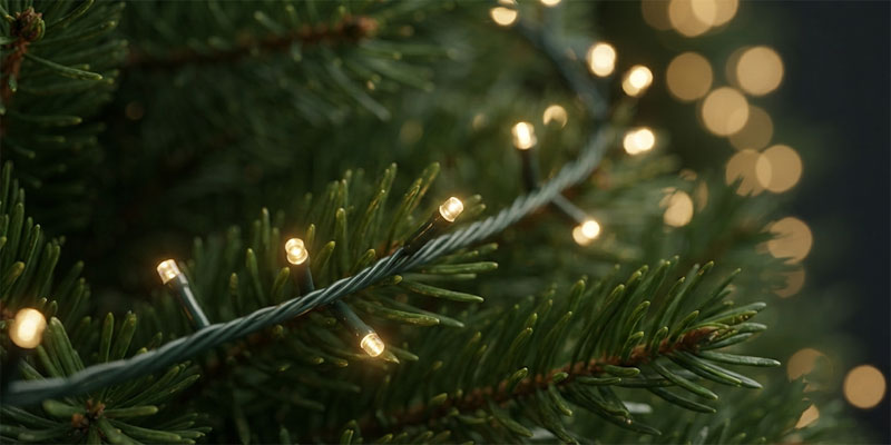 Energy-efficient LED Christmas lights wrapped safely around pine tree branches without thermal heat