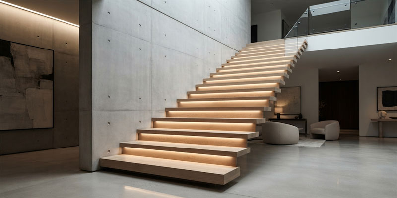 High-density flexible LED light strips installed beneath floating solid white oak staircase treads