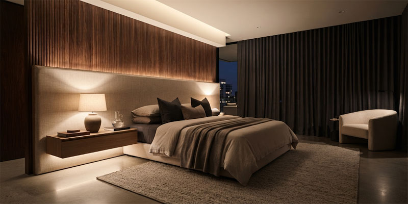 Soothing 2700K LED lights for bedroom styling illuminating a minimalist master suite and upholstered headboard