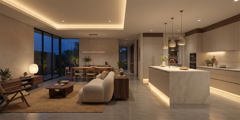 Multi-layered LED lights for room styling illuminating a modern living and dining pavilion at twilight