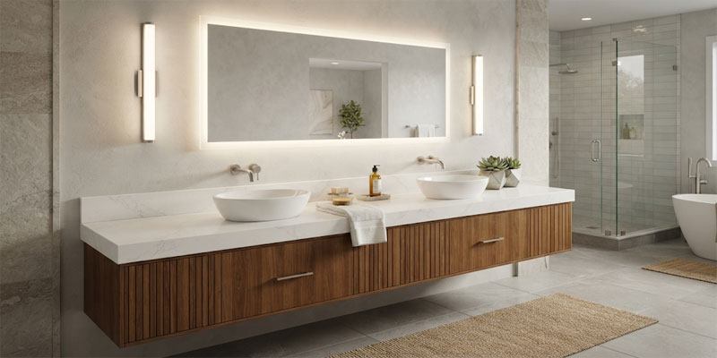 Vertical frosted LED vanity lights flanking a modern frameless bathroom mirror with high CRI 95+ illumination