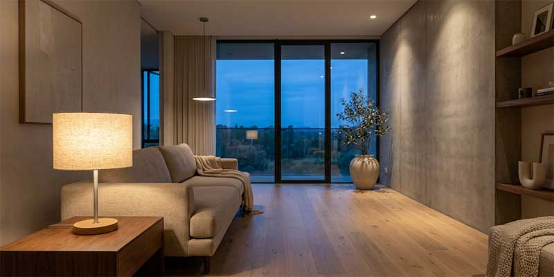 Modern table lamps for living room setup casting warm 2700K ambient light beside a low-profile sectional sofa.