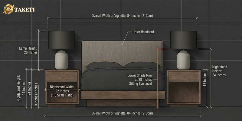 Technical architectural elevation diagram of nightstand lamps showing surface proportion rules, height clearances, and eye-level sightlines