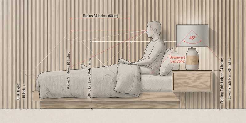 Ergonomic cross-section diagram showing the correct height alignment of nightstand lamps relative to sitting eye level