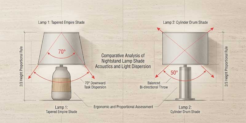 Technical lighting diagram comparing shade geometry and downward beam spreads for nightstand lamps