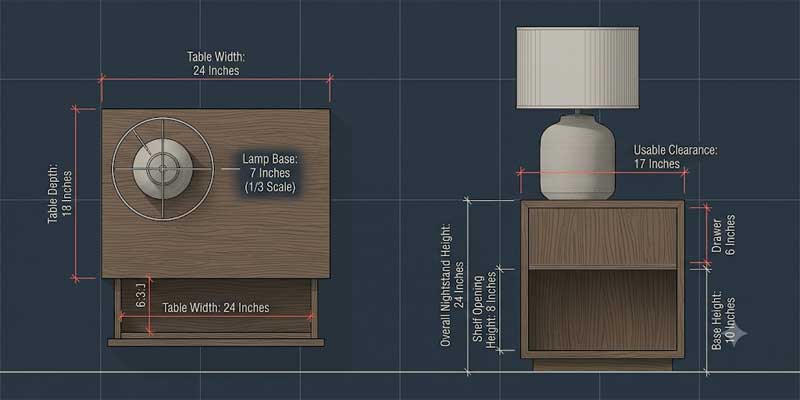 Technical blueprint illustrating correct scale and proportion of nightstand lamps on a bedside table