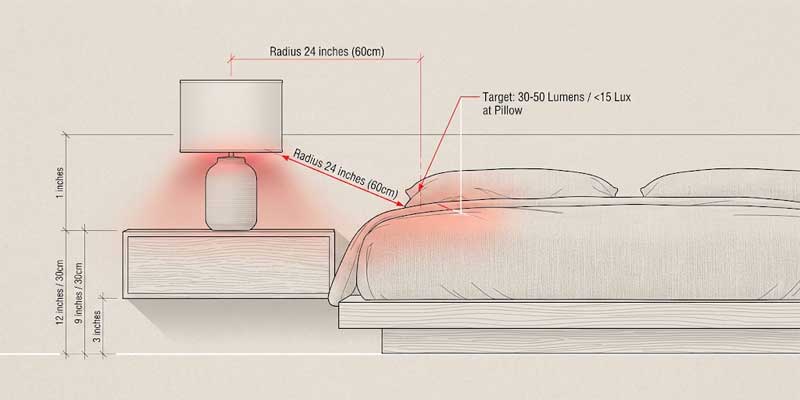 Architectural line drawing displaying a ceramic bedside lamp emitting red light for sleep with technical dimension lines showing lux levels