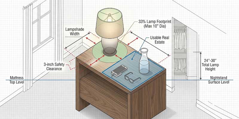 Top-down blueprint diagram showing lamp footprint occupying one-third of nightstand surface with 3-inch edge clearance