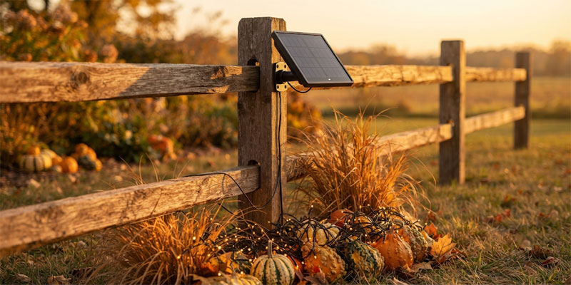 High-efficiency solar Halloween lights with an integrated monocrystalline collector panel along a wooden boundary fence