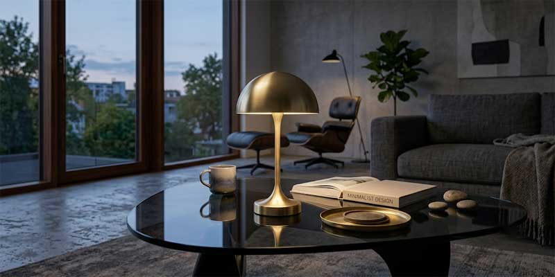 Cordless table lamps for living room placed on a central coffee table without trailing electrical cords.