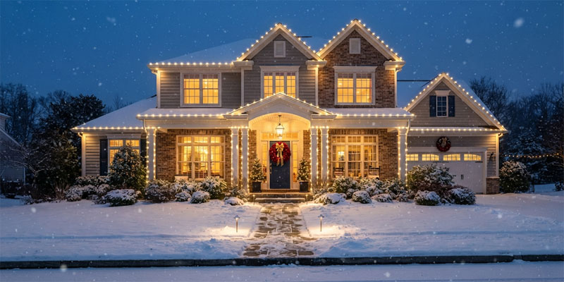 Weatherproof outdoor Christmas lights securely framing architectural rooflines of a snowy suburban home
