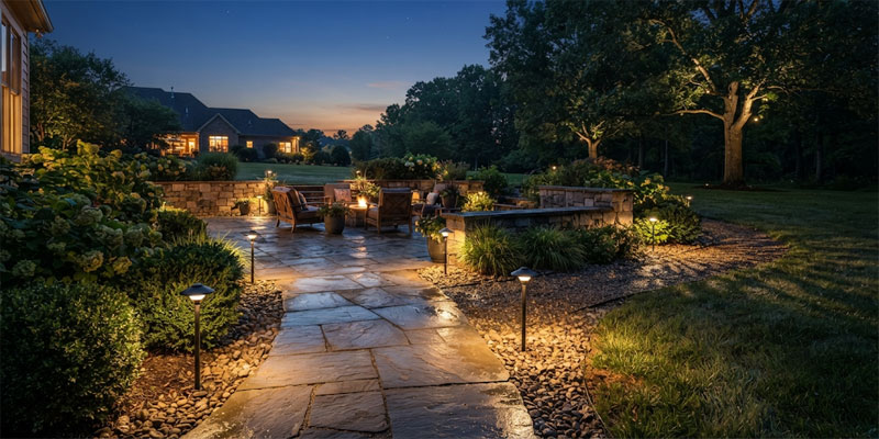 Heavy-duty outdoor LED lights illuminating a flagstone garden pathway and patio surrounded by lush landscaping