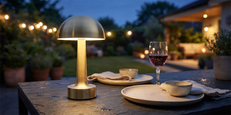 Minimalist portable rechargeable LED lights made of brass glowing softly on an outdoor evening dining table