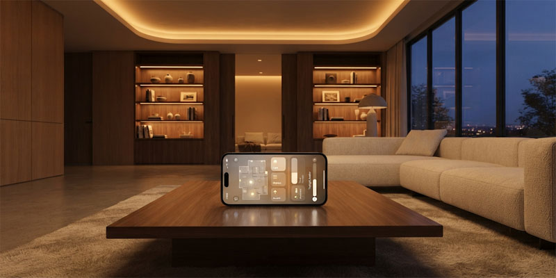 A modern living space with smart LED lights shifting seamlessly to warm amber evening illumination
