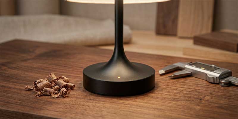 Sustainable table lamps for living room crafted from solid aerospace-grade aluminum and FSC-certified American walnut.