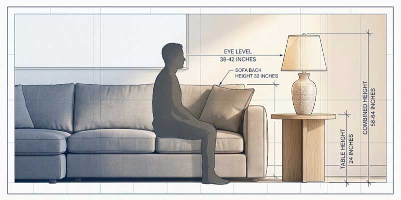 Diagram of seated eye level measurement rule showing table lamp shade alignment on living room sofa