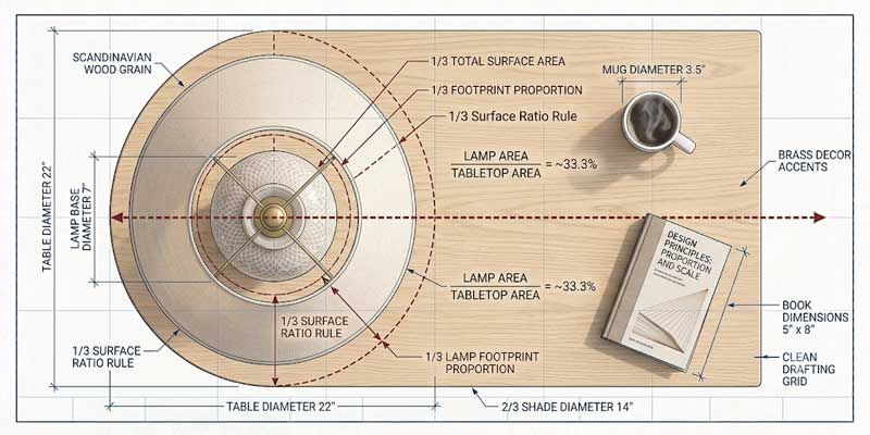 Top-down technical schematic showing table lamp diameter occupying one-third of end table surface area