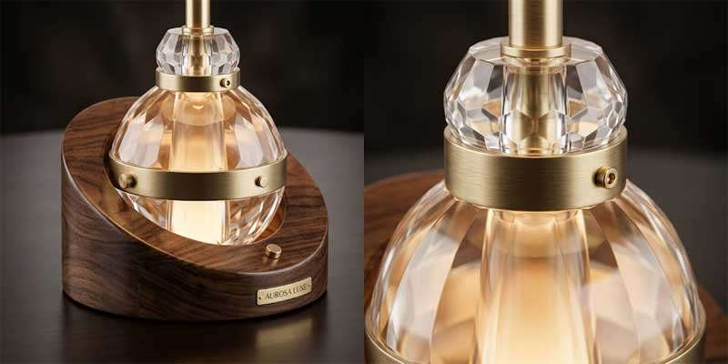 TAKETI luxury table lamp craftsmanship featuring optical crystal, solid walnut wood, and brushed brass