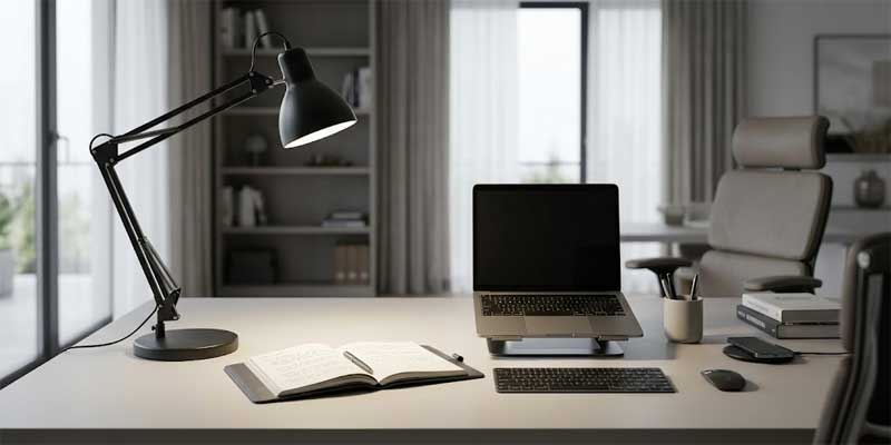 Ergonomic desk table lamp by TAKETI providing crisp task lighting for home office workspace