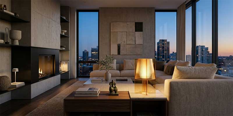 Luxury table lamp by TAKETI creating a warm, restorative evening ambiance in a modern sanctuary living room